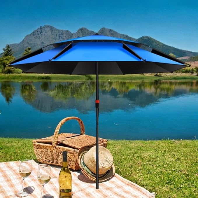 Umbrela pentru protectie solara, diametru 2.2 m, cu tarusi si husa, albastru