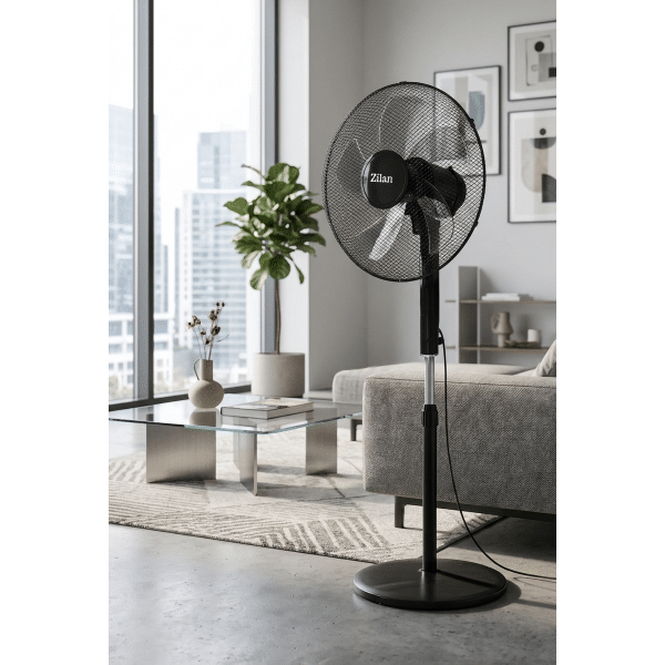 Ventilator cu picior 48W, 3 viteze, diametru 43 cm, negru, oscilant