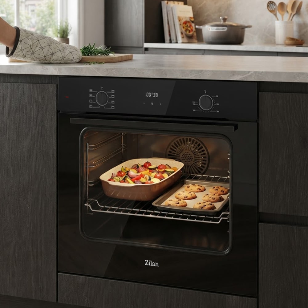 Cuptor electric incorporabil 73L cu 8 functii, grill, ventilatie turbo, afisaj LED, negru