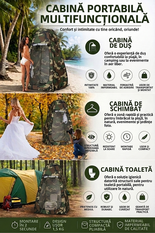 Cort pliabil impermeabil 120x120x190cm camuflaj pentru dus, toaleta sau vestiar