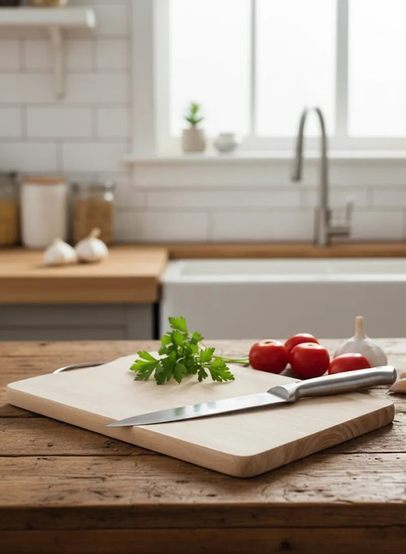 Tocator din lemn natural, 25x36x1.8cm, maner metalic ergonomic