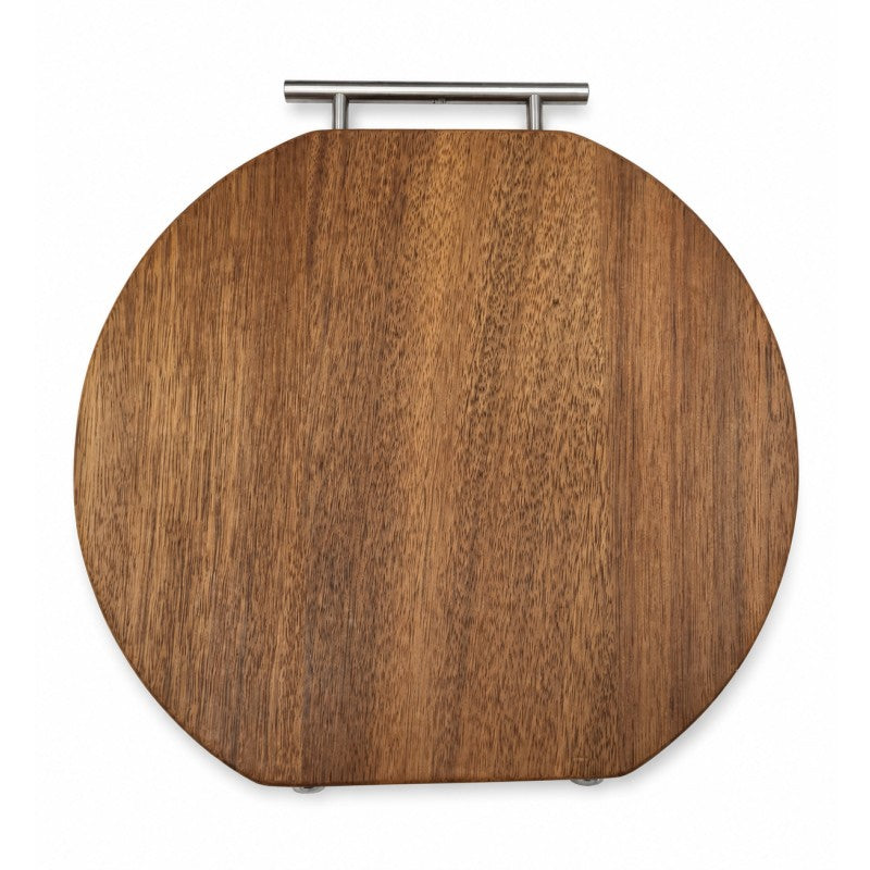 Tocator rotund din lemn cu maner metalic 33x3 cm pentru taiere si servire