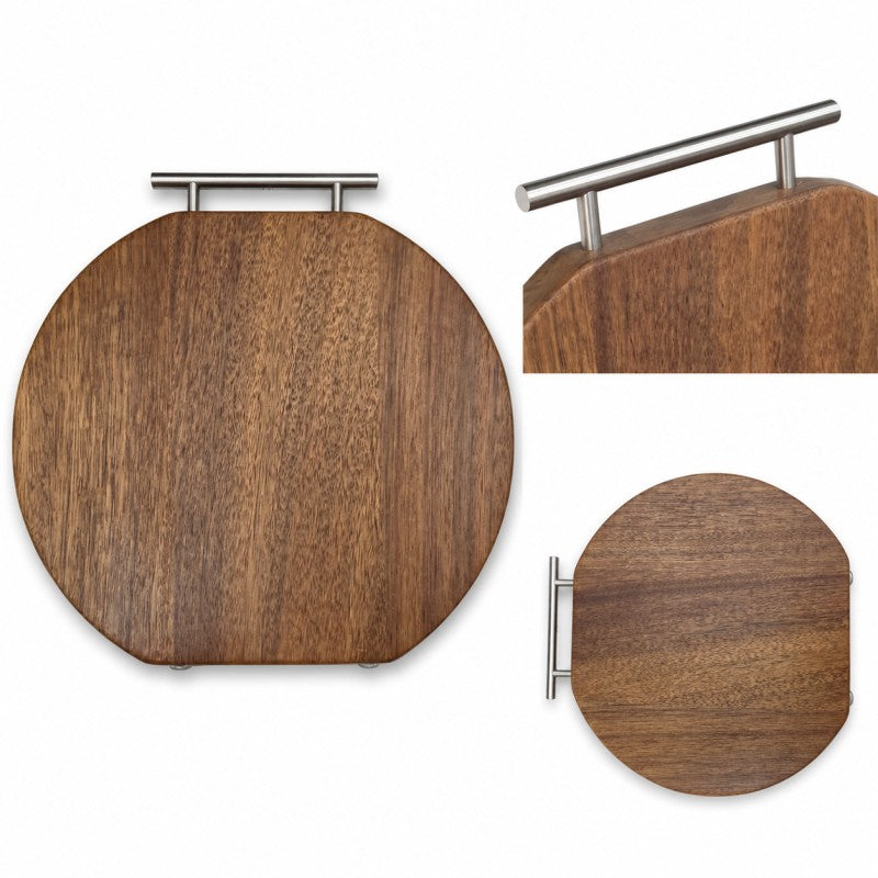 Tocator rotund din lemn cu maner metalic 33x3 cm pentru taiere si servire