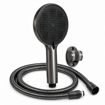 Set para dus cu furtun 150 cm si suport, design modern negru