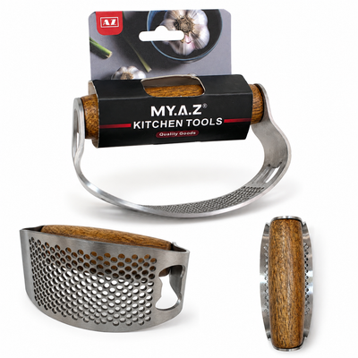 Presa de usturoi inox cu maner lemn, 10.5x5.1cm, pentru maruntire rapida