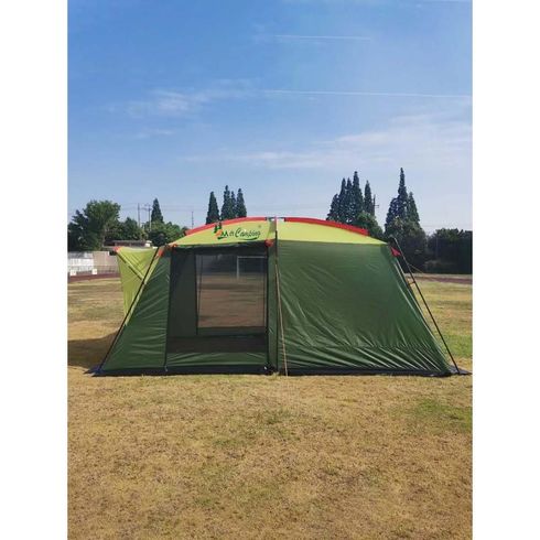 Cort camping 4 persoane, impermeabil, 2 camere, verde, structura rezistenta