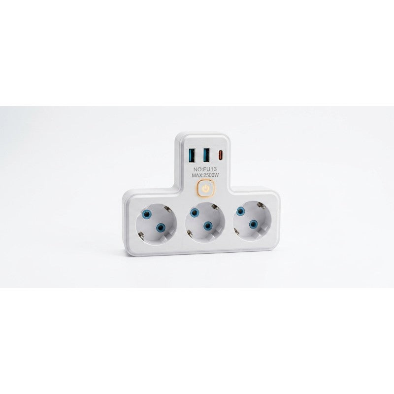 Adaptor priza triplu cu 3 porturi USB (2x USB-A + 1x USB-C), 3 prize Schuko, comutator ON/OFF