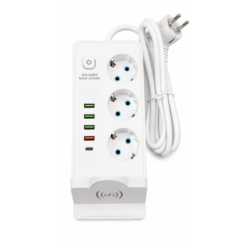 Prelungitor 9 in 1 cu 3 prize, 5 porturi USB si incarcare wireless, cablu 1.85 m, alb