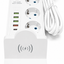 Prelungitor 9 in 1 cu 3 prize, 5 porturi USB si incarcare wireless, cablu 1.85 m, alb