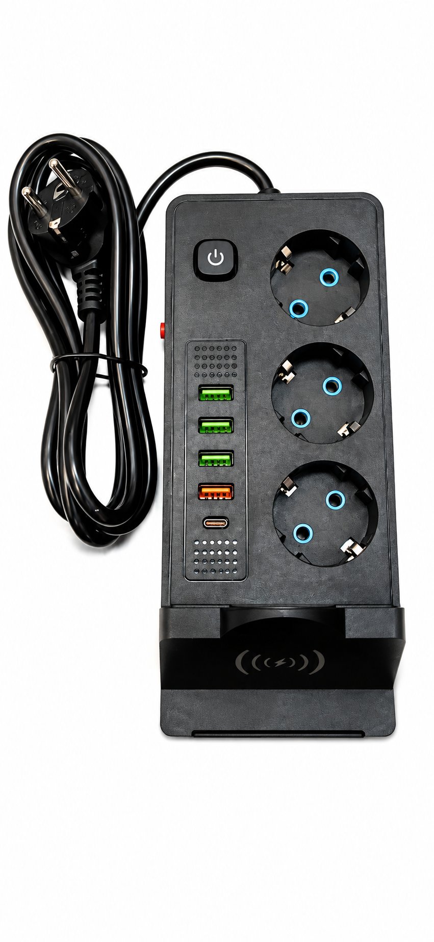 Prelungitor 9 in 1 cu 3 prize, 5 porturi USB si incarcare wireless, cablu 1.85 m, negru