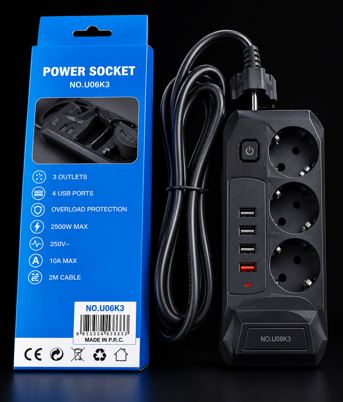 Prelungitor 9 in 1 cu 3 prize, 5 porturi USB si incarcare wireless, cablu 1.85 m, negru