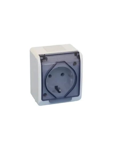 Priza simpla aplicata cu capac transparent, alb, montaj rapid pe perete