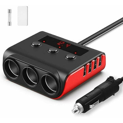 Adaptor bricheta auto, 120W, 4 USB, monitorizare tensiune in timp real, Iluminare LED, 120W, ABS, negru/rosu