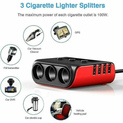 Adaptor bricheta auto, 120W, 4 USB, monitorizare tensiune in timp real, Iluminare LED, 120W, ABS, negru/rosu