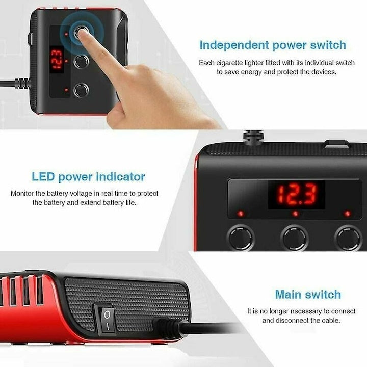 Adaptor bricheta auto, 120W, 4 USB, monitorizare tensiune in timp real, Iluminare LED, 120W, ABS, negru/rosu