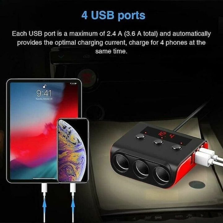 Adaptor bricheta auto, 120W, 4 USB, monitorizare tensiune in timp real, Iluminare LED, 120W, ABS, negru/rosu