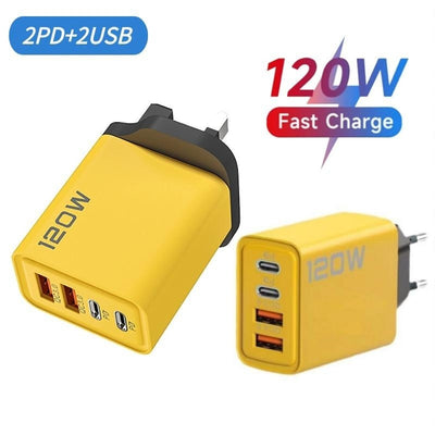 Adaptor pentru incarcator, 120W, 4 porturi, 2 USB + 2 tip C, incarcare rapida, USB pentru telefon mobil, galben/negru