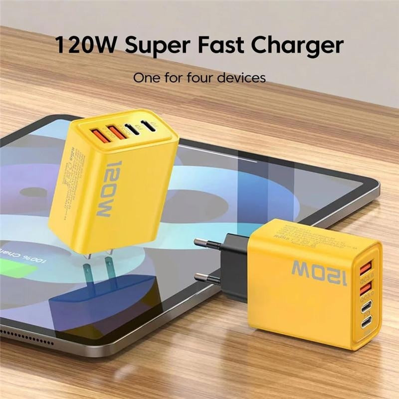 Adaptor pentru incarcator, 120W, 4 porturi, 2 USB + 2 tip C, incarcare rapida, USB pentru telefon mobil, galben/negru
