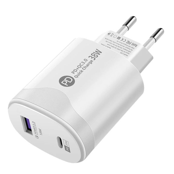 Adaptor pentru incarcator, 38W, 2 porturi, 1 USB + 1 tip C, incarcare rapida, USB pentru telefon mobil, alb