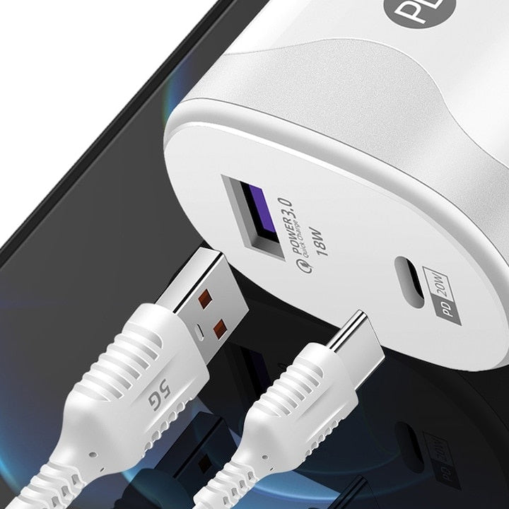 Adaptor pentru incarcator, 38W, 2 porturi, 1 USB + 1 tip C, incarcare rapida, USB pentru telefon mobil, alb