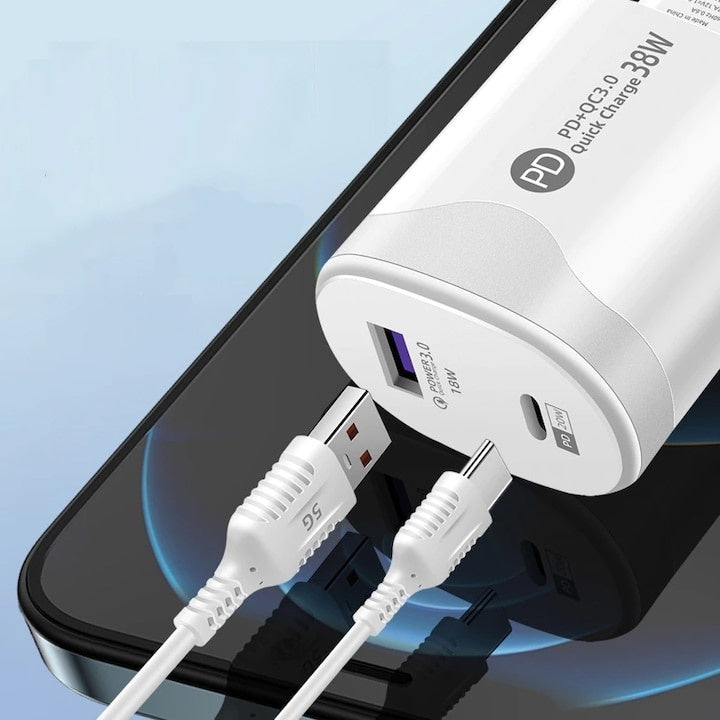 Adaptor pentru incarcator, 38W, 2 porturi, 1 USB + 1 tip C, incarcare rapida, USB pentru telefon mobil, alb