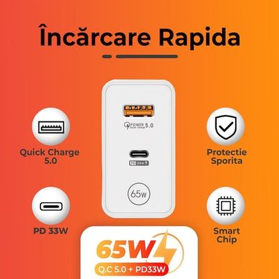 Adaptor pentru incarcator, 65W, 2 porturi, 1 USB + 1 tip C, incarcare rapida, USB pentru telefon mobil, alb