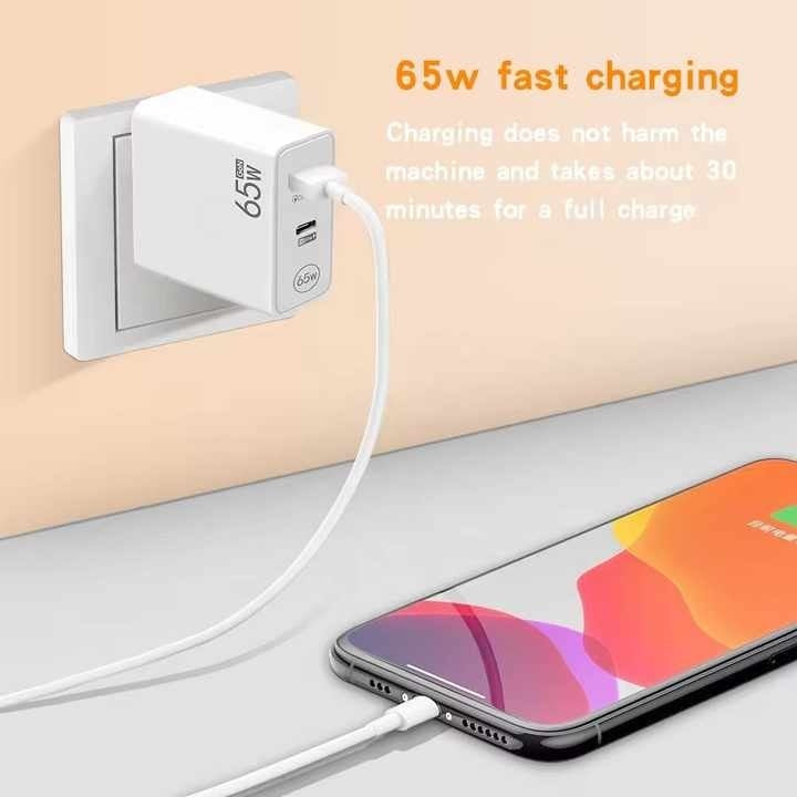 Adaptor pentru incarcator, 65W, 2 porturi, 1 USB + 1 tip C, incarcare rapida, USB pentru telefon mobil, alb