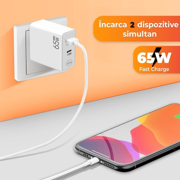 Adaptor pentru incarcator, 65W, 2 porturi, 1 USB + 1 tip C, incarcare rapida, USB pentru telefon mobil, alb