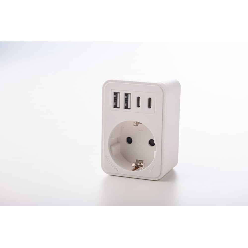 Adaptor simplu 1x Schucko cu USB 2x tip A si 2x tip C, 16A, 250W, alb