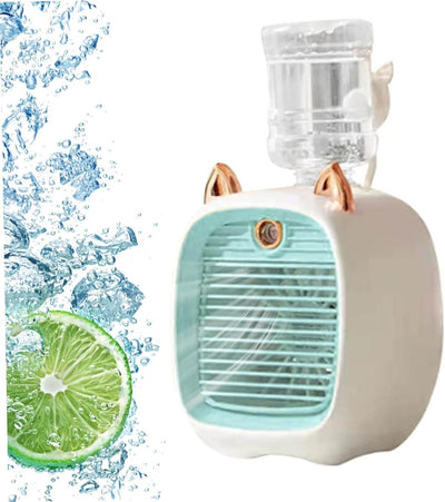 Aer condiționat portabil, mini ventilator de răcire, cu urechi de pisică, rezervor de apă, 3 viteze, incărcare USB, ușor de utilizat și de controlat, alb