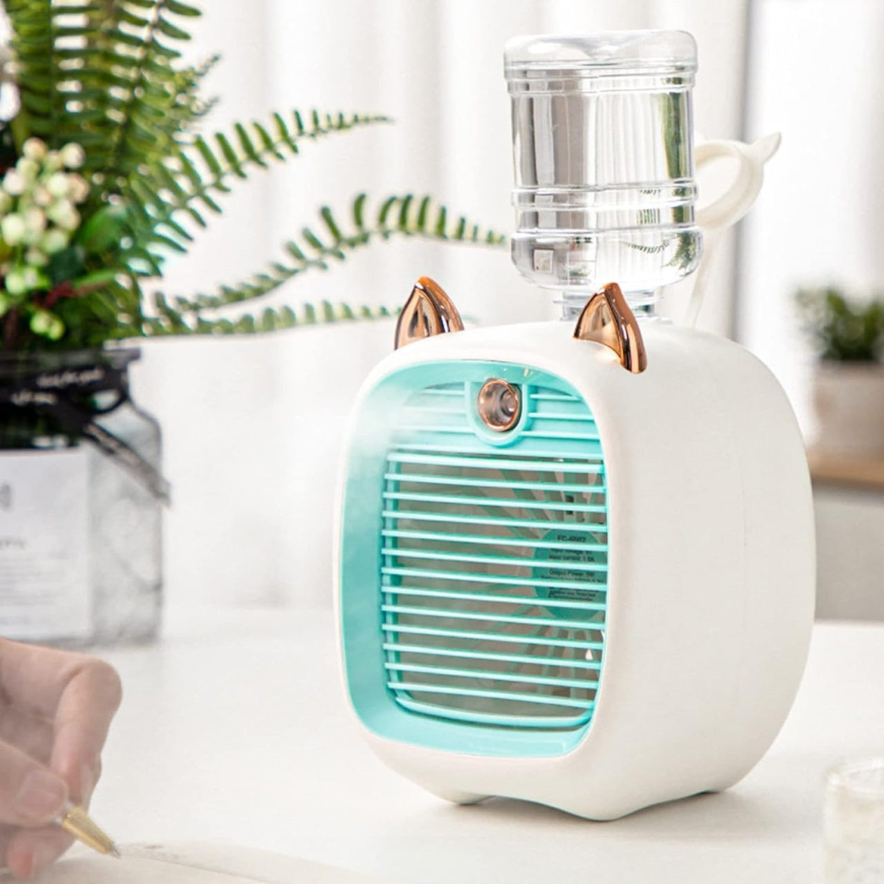 Aer condiționat portabil, mini ventilator de răcire, cu urechi de pisică, rezervor de apă, 3 viteze, incărcare USB, ușor de utilizat și de controlat, alb