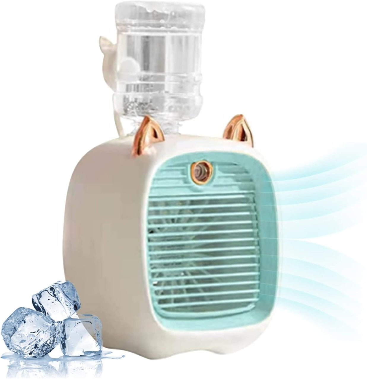 Aer condiționat portabil, mini ventilator de răcire, cu urechi de pisică, rezervor de apă, 3 viteze, incărcare USB, ușor de utilizat și de controlat, alb