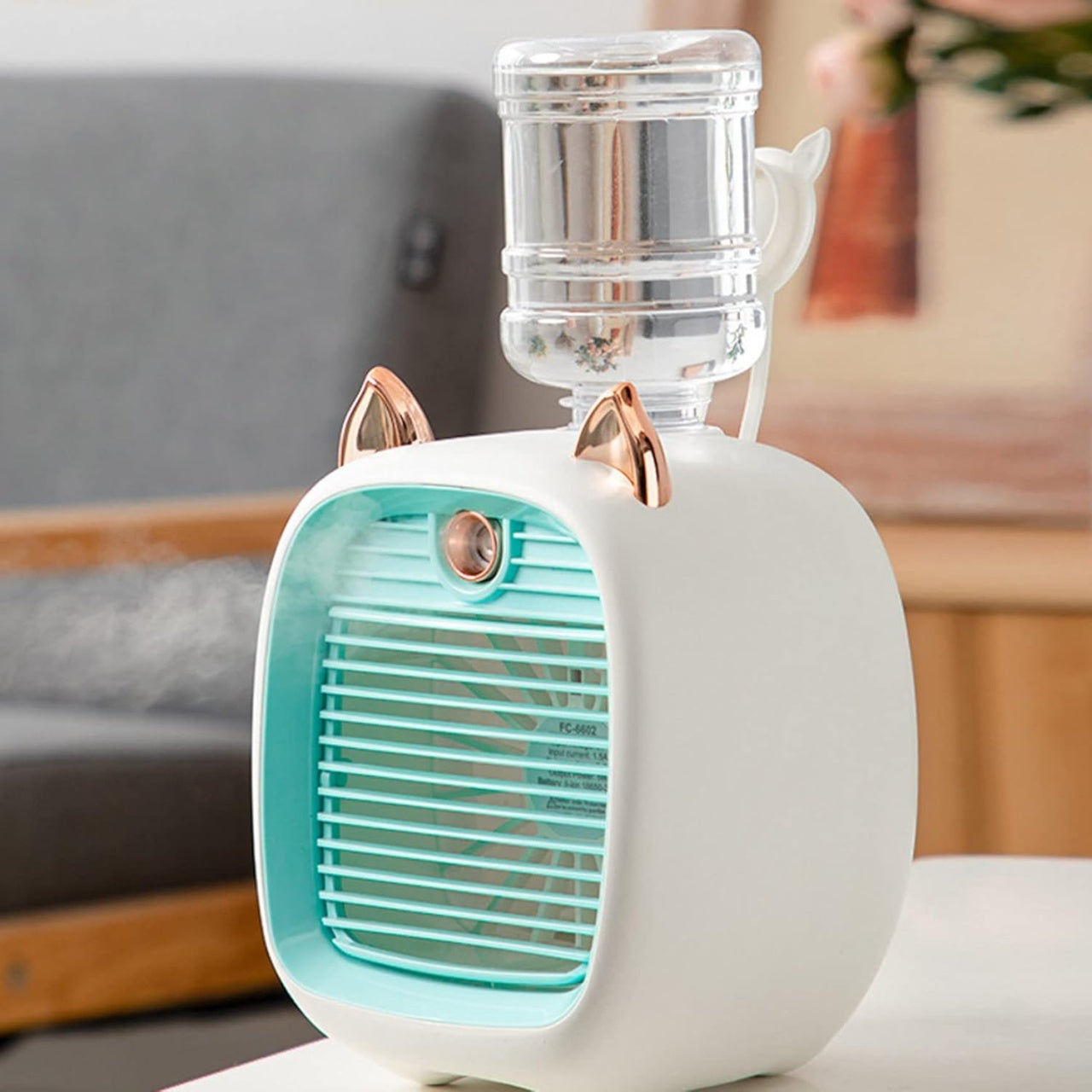 Aer condiționat portabil, mini ventilator de răcire, cu urechi de pisică, rezervor de apă, 3 viteze, incărcare USB, ușor de utilizat și de controlat, alb