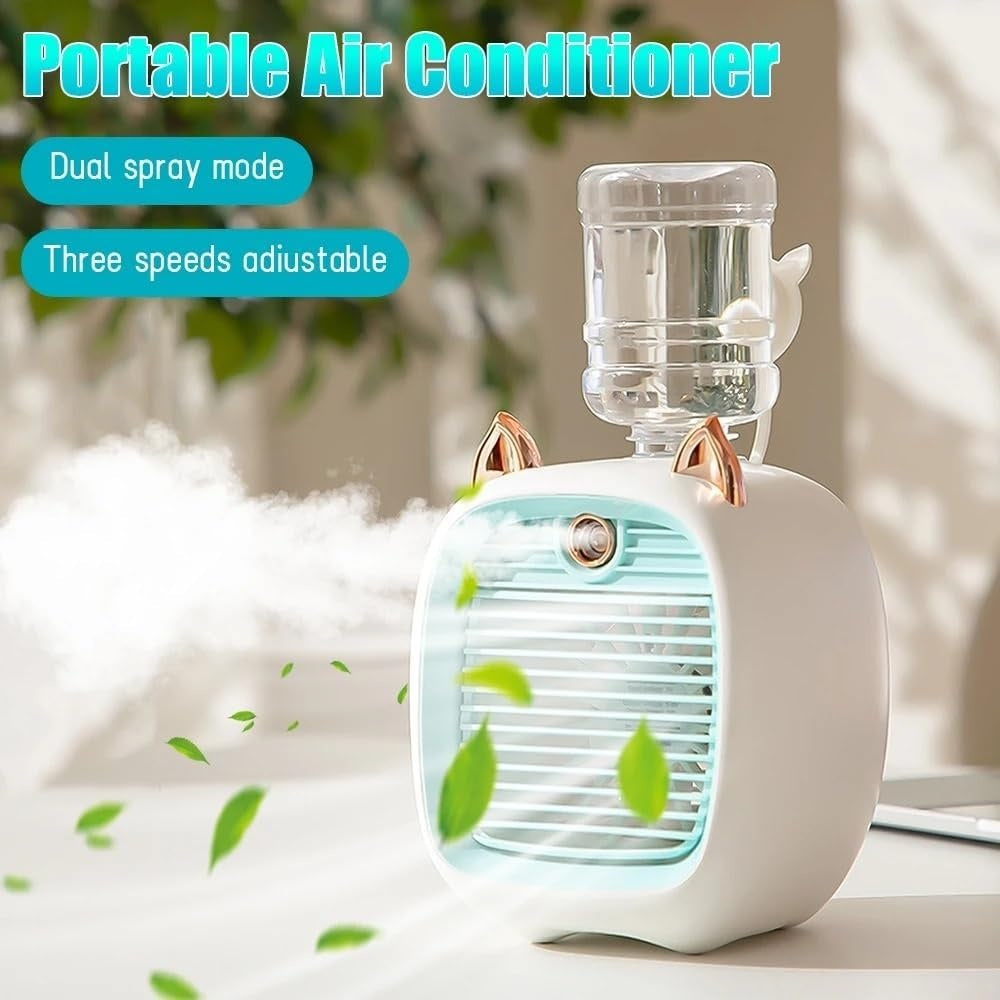 Aer condiționat portabil, mini ventilator de răcire, cu urechi de pisică, rezervor de apă, 3 viteze, incărcare USB, ușor de utilizat și de controlat, alb