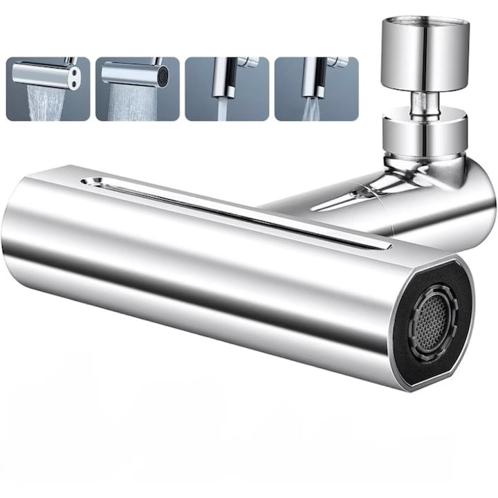 Aerator pentru robinet, 4 moduri de dispersie a apei, rotire 360 grade, brat rotativ, 13x12.5cm, argintiu