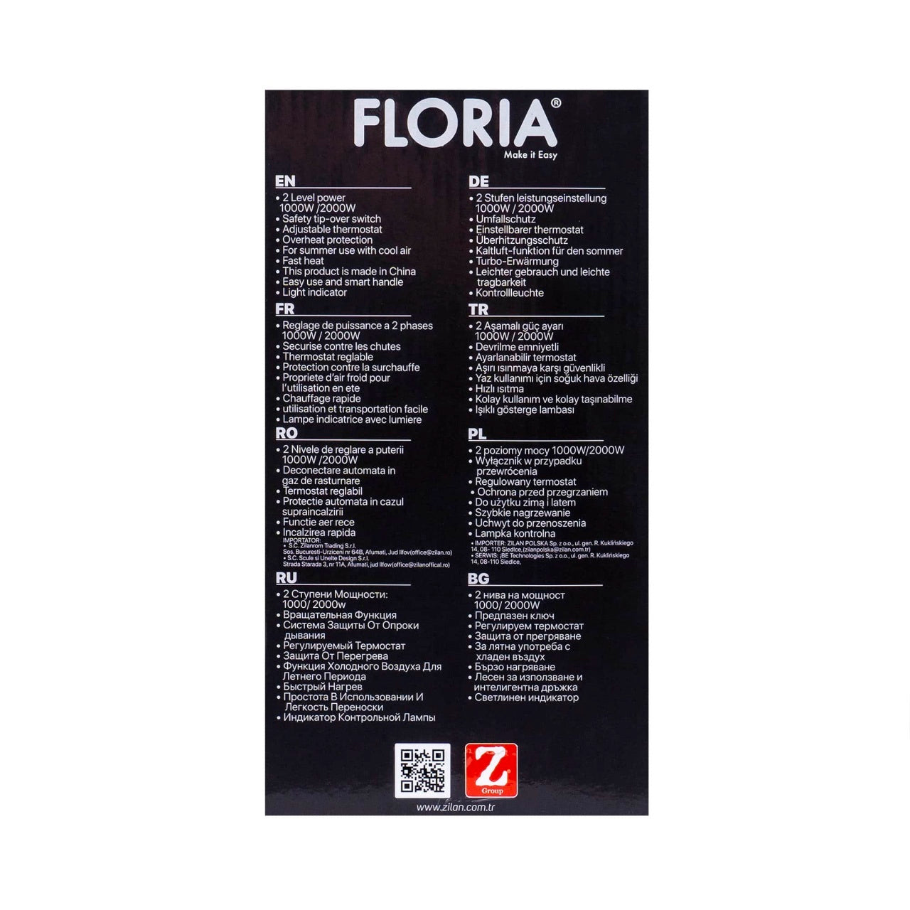 Aeroterma neagra cu 2 niveluri de putere 1000/2000W si termostat reglabil
