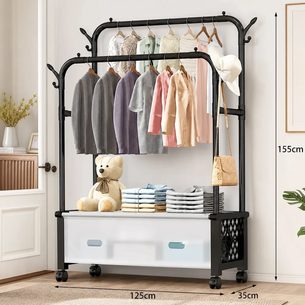 Suport cuier pentru haine, L=125cm-l=35cm- H=155cm, multifunctional, cu roti 360°, rafturi de depozitare și suport pentru incăltaminte, negru
