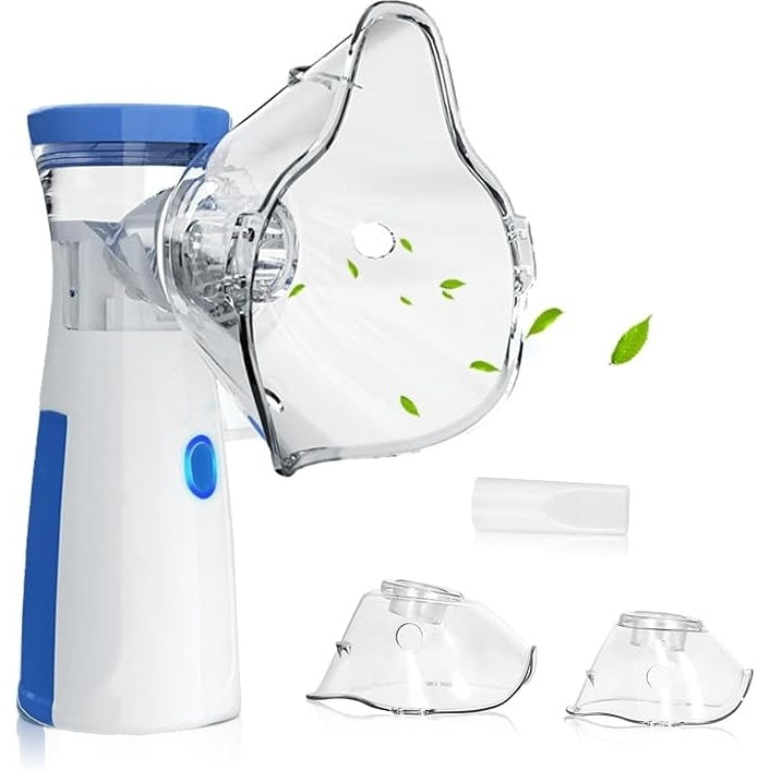 Aparat aerosoli pentru copii si adulti, portabil, alimentare cu baterii/USB, ultrasonic, zgomot redus, din ABS, masca din silicon, alb/albastru