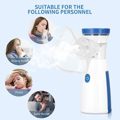 Aparat aerosoli pentru copii si adulti, portabil, alimentare cu baterii/USB, ultrasonic, zgomot redus, din ABS, masca din silicon, alb/albastru