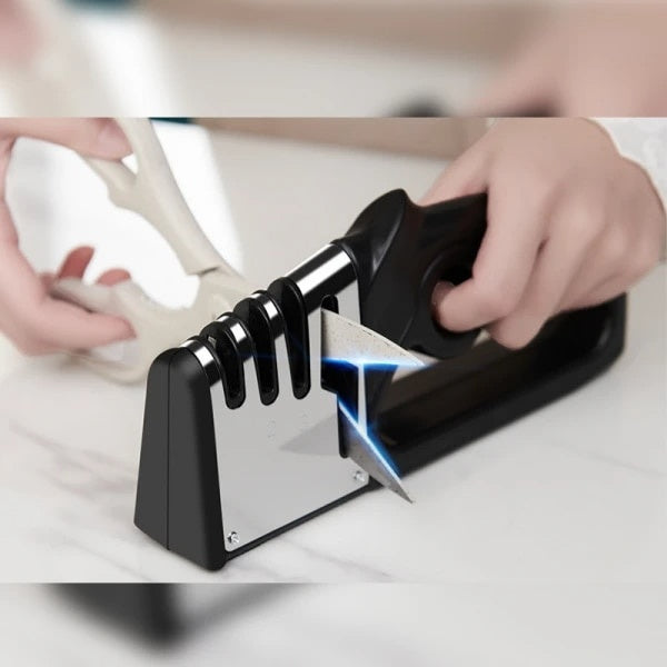 Aparat ascutit cutite si foarfece, 4 in 1, baza antiderapanda, ergonomic, din ABS, negru