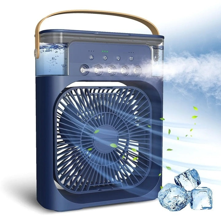 Aparat de aer conditionat, portabil, cu rezervor de apa de 600 ml, cu vapori de apa, ventilatie, umidificator, purificator, albastru