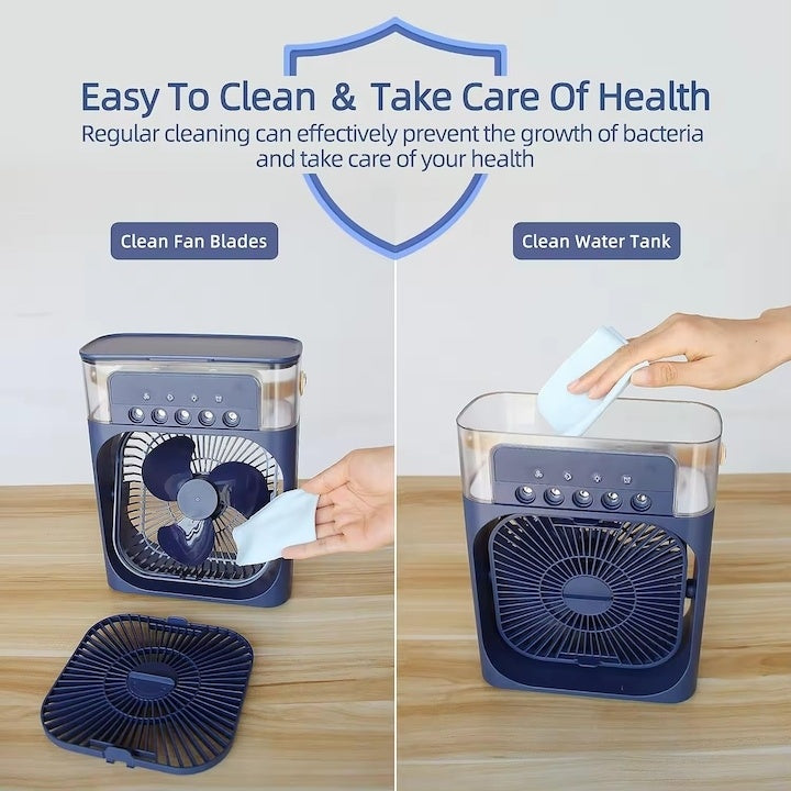 Aparat de aer conditionat, portabil, cu rezervor de apa de 600 ml, cu vapori de apa, ventilatie, umidificator, purificator, albastru