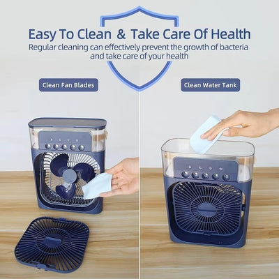 Aparat de aer conditionat, portabil, cu rezervor de apa de 600 ml, cu vapori de apa, ventilatie, umidificator, purificator, albastru