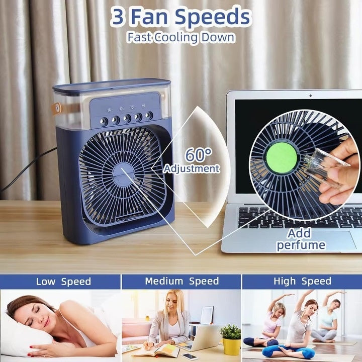 Aparat de aer conditionat, portabil, cu rezervor de apa de 600 ml, cu vapori de apa, ventilatie, umidificator, purificator, albastru