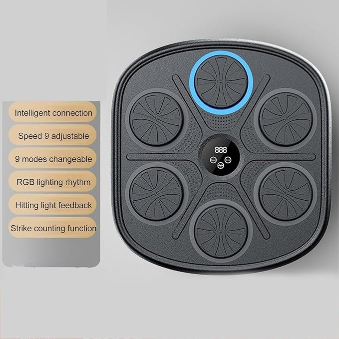 Aparat de box, cu Bluetooth pentru copii si adulti, muzical, display pentru monitorizarea loviturilor, Iluminare LED a zonei de lovire, cu sistem de fixare in perete, negru