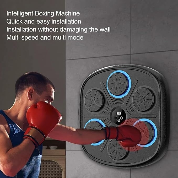 Aparat de box, cu Bluetooth pentru copii si adulti, muzical, display pentru monitorizarea loviturilor, Iluminare LED a zonei de lovire, cu sistem de fixare in perete, negru