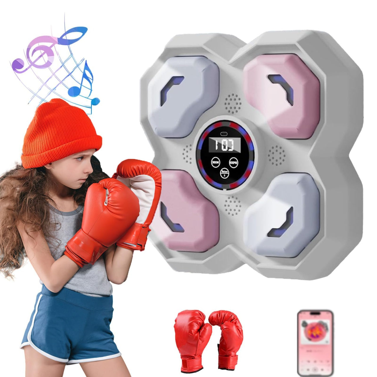 Aparat de box muzical cu Bluetooth pentru copii, tampon electronic de box montat pe perete, moduri usoare si manusi, viteza reglabila pentru adulti, copii, joc de box muzical pentru incepatori, WALALLA, gri