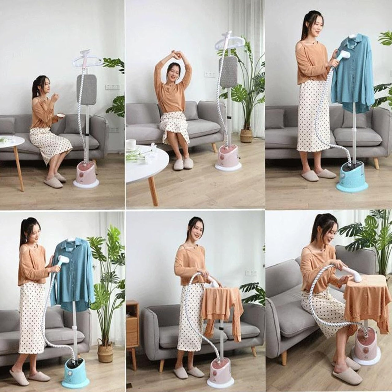 Aparat de călcat vertical cu abur, cu masă de călcat și rezervor de apă de 1,7 l, alimentare la retea, inaltime ajustabila, control temperatura, alb/roz