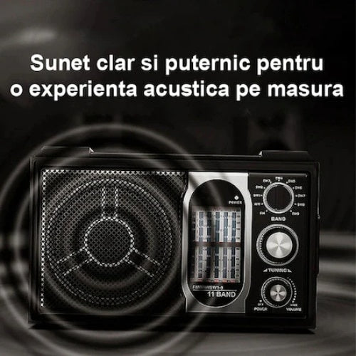 Aparat de radio, portabil, alimentare cu baterii sau la retea, cu 11 benzi de frecventa, model retro, negru/maro