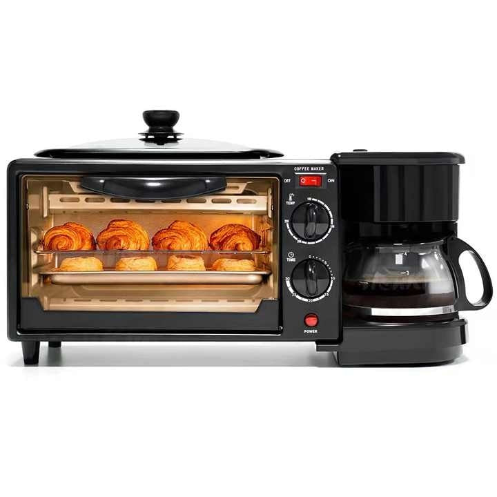 Aparat electric, multifunctional, pentru mic dejun si cafea, cu grill si cuptor incorporat, din metal, capacitate 9L, putere 1250 W, negru
